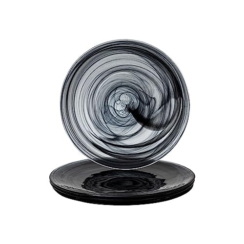 Vikko Dinner Plates, Set of 4 Black Alabaster Plates, 11" Plate with Marbelized, Swirl Design, Elegant Glass Plate, Dishwasher Safe