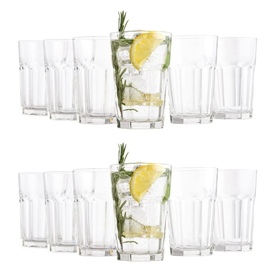 Vikko Drinking Glasses, Set of 12 Thick and Durable 14 Ounce Kitchen Glasses, Dishwasher Safe Highball Glass Tumbler, Heavy Duty Cups for Water, Juice, Milk, Soda, Set of Clear Tall Water Glasses