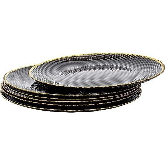 Vikko Glass Charger, 13 Inch Glass Dinner Plate Charger, Black Textured Surface with Silver Rim, Set of 4 Elegant Place Setting Chargers
