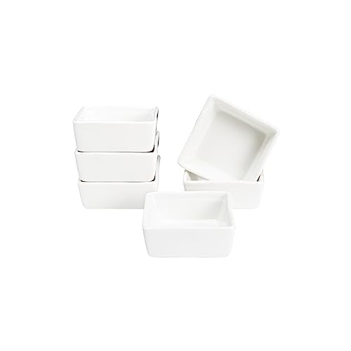 Vikko Mini White Dish, Set of 6 Porcelain Dipping Sauce Cups, Square Relish Dish, Stackable Square Spice Bowls, Mini Bowl