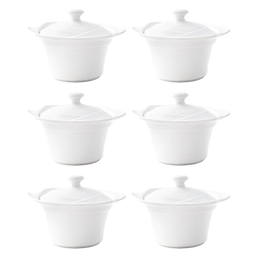 Vikko Small Soup Crocks With Lids, 9 Ounce White Soup Bowl with Cover and Handle, Set of 6 Soup Dishes, Dishwasher Safe, Sturdy Design
