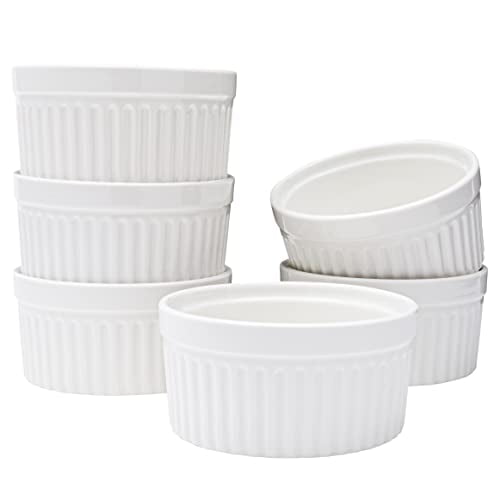 Vikko White Ramekin, Set of 6 Fine Porcelain Ramekins, Stackable 4 Inch Bowls, 7 Ounce Dips Dish, Dishwasher Safe