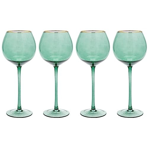 Vikko Wine Glasses, 17 Ounce Green Wine Glass with Gold Rim, Set of 4 Stemmed Wine Glasses for Red and White Wine, Colored Wine Glasses, Glasses for Wine