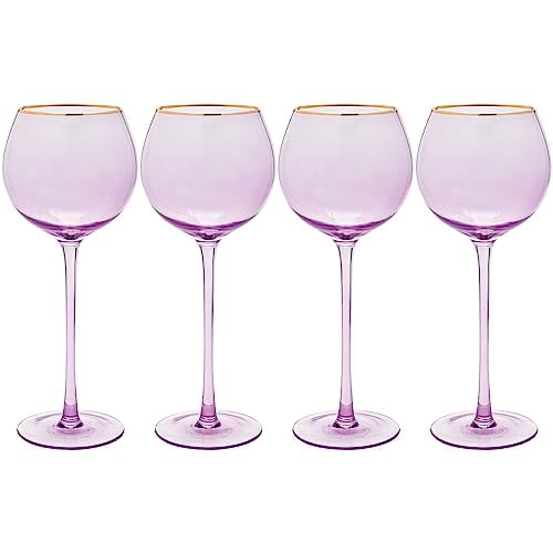 Vikko Wine Glasses, 17 Ounce Lilac Wine Glass with Gold Rim, Set of 4 Stemmed Wine Glasses for Red and White Wine, Colored Wine Glasses, Glasses for Wine