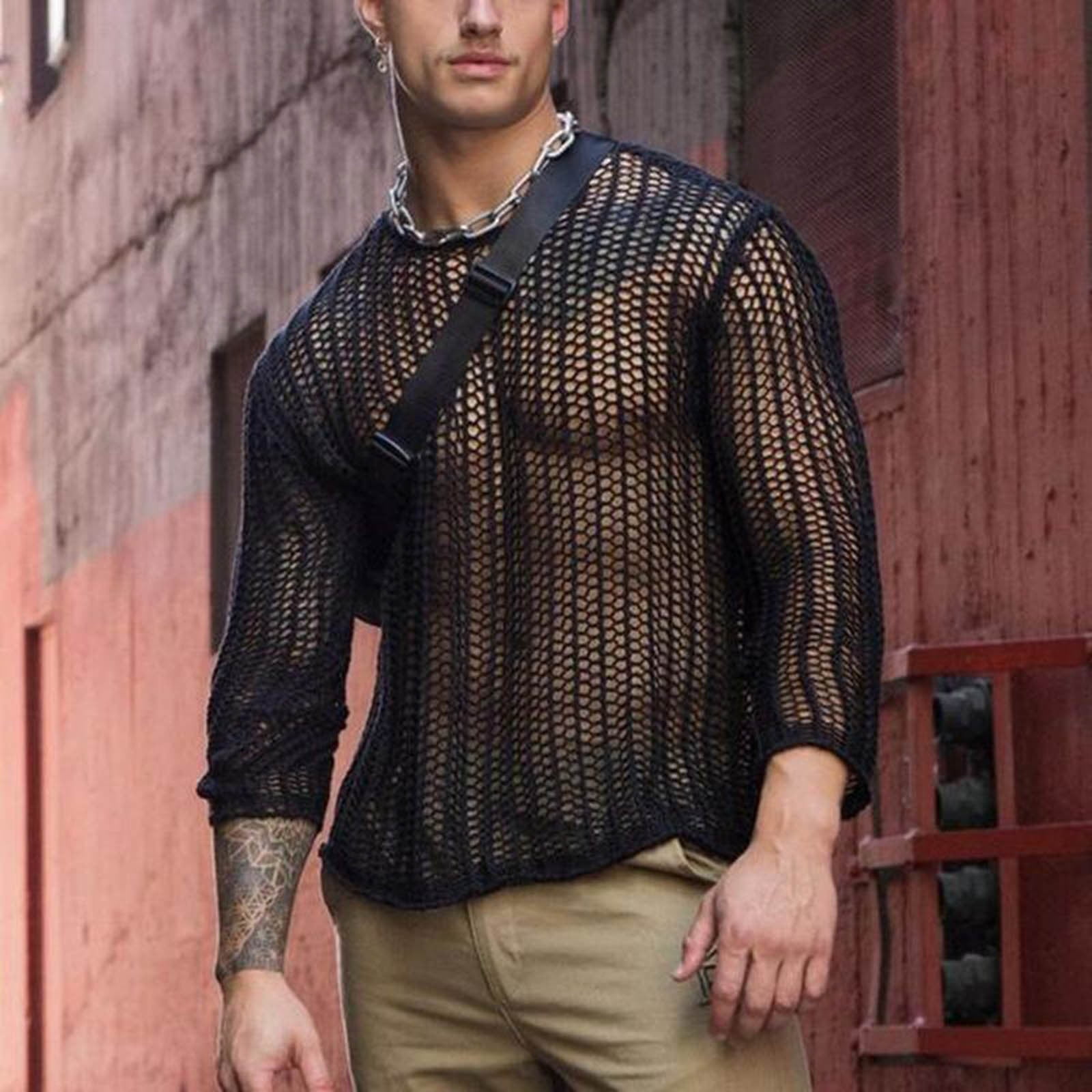 Vikudaty Mens Street Trend Woven Solid Color Mesh Knitted Long