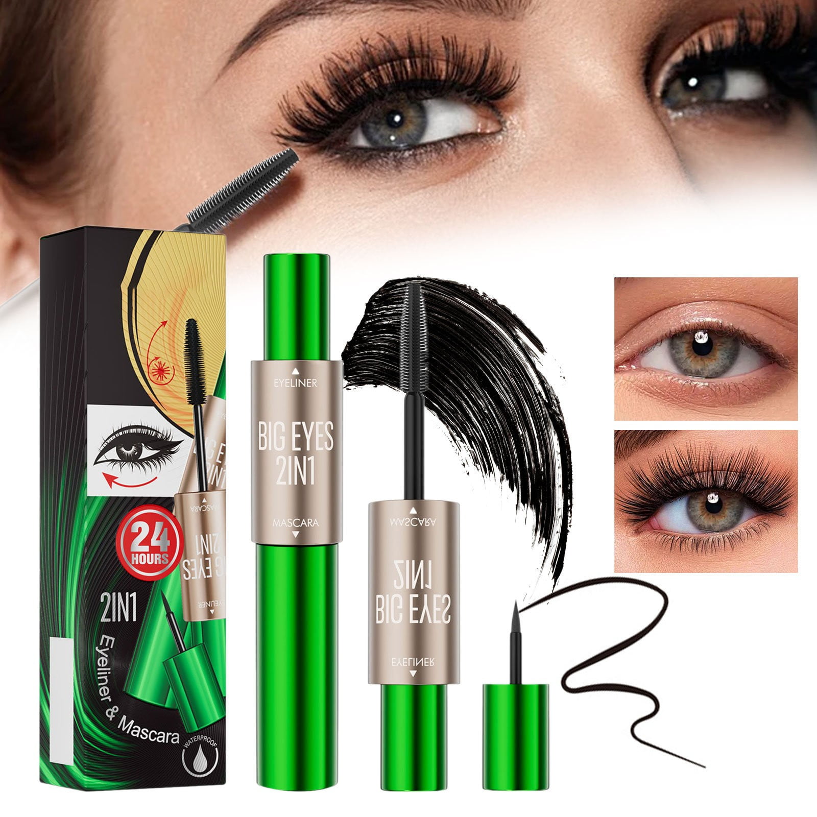 Vikudy Fiber Mascara and Eyeliner Set Long Lasting Proof Beauty Makeup