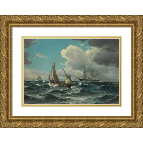 Vilhelm Bille 24x18 Gold Ornate Framed and Double Matted Museum Art Print Titled - Fishing Boat and Steam Sailor on a Moving Lake (1880)