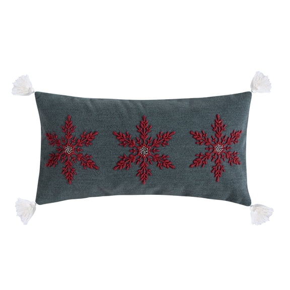 Villa Lugano Sleigh Bells Grey by Levtex Home - Decorative Pillow (12x24n.) - Snowflake - Red, White and Grey