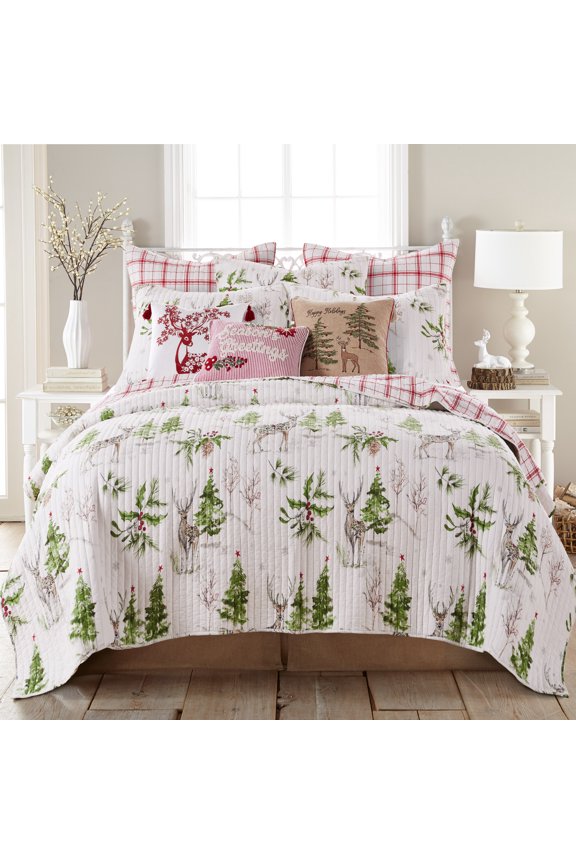 Villa Lugano Sleigh Bells by Levtex Home - Sleigh Bells Quilt - Twin - Christmas Tree and Reindeer - Red Green Grey White - Quilt (68x86in.) - Reversible - Cotton/Poly