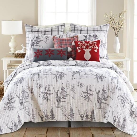 Villa Lugano Sleigh Bells by Levtex Home - Sleigh Bells Quilt - Twin - Christmas Tree and Reindeer - Grey and White - Quilt (68x86in.) - Reversible - Cotton/Poly