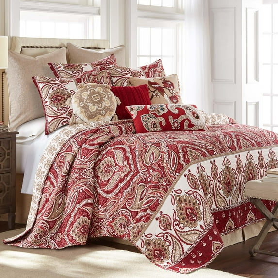 Villa Lugano by Levtex Home - Astrid Quilt - Full/Queen - Bordered Medallion - Burgundy Red Taupe Grey - Quilt (88x92in.) - Reversible - Microfiber