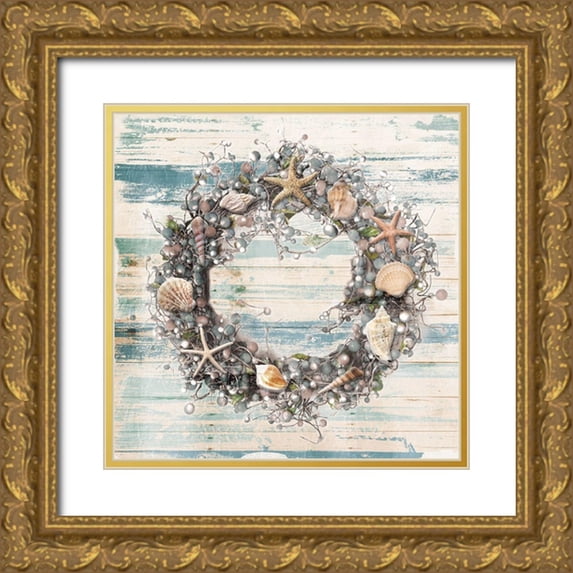Villa, Mlli 12x12 Gold Ornate Wood Framed with Double Matting Museum Art Print Titled - Wreath Blues Coastal