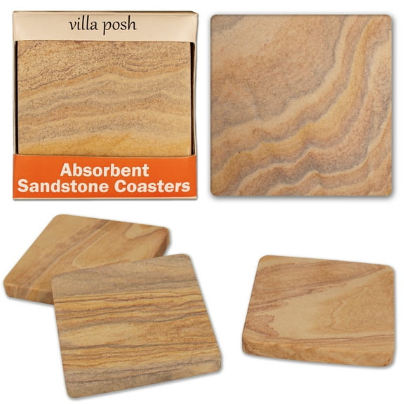 Villa Posh Absorbent Sandstone Coasters - Natural Porous Stone Drink Coasters for Indoor/Outdoor Furniture Protection - 4" Square Extra Large (4 Pack)