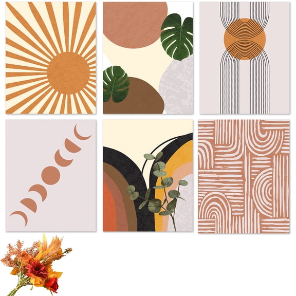 Villa Posh Boho Wall Art Prints - Rising Sun, Moon Phase, Monstera Leaf, Eucalyptus, Boho Pattern, Arches 8x10 Prints Unframed Set of 6