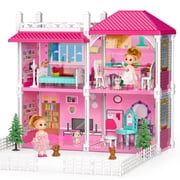 ConeWhale Villa Indoor Doll Playset 2 Storeys 4 Rooms Pink for Girls Ages 3-8 with 2 Dolls, Furniture and Accessories