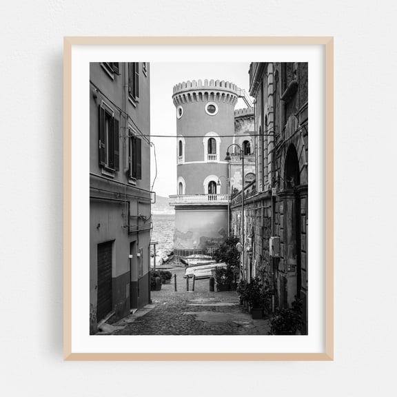 Villa Volpicelli B&W - Naples Campania Italy Photography Black and White Architecture Coastal Street Photography Vintage Travel Poster Boat Oak Framed Wall Art Print 6 x 8 inches