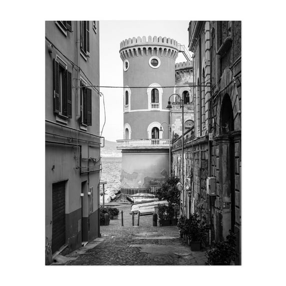 Villa Volpicelli B&W - Naples Campania Italy Photography Black and White Architecture Coastal Street Photography Vintage Travel Poster Boat Unframed Wall Art Print 36 x 48 inches