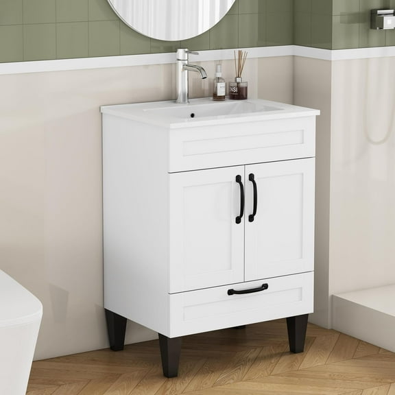 Villachico 24 Mid-century Modern Bathroom Vanity Cabinet with Sink Combo, 1 Drawer and 2 Doors with Soft-close Hinges and Runners,White
