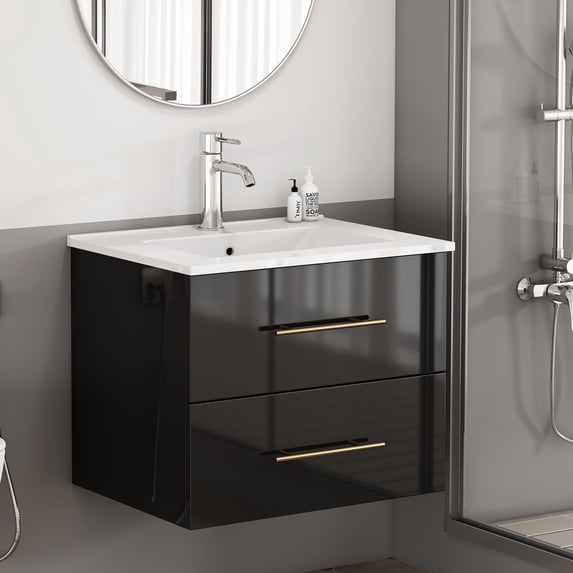 Villachico 24 inch Wall-Mounted Bathroom Vanity with Sink Combo, Glossy Black with Gold Handle, 2 Soft-Close Drawers, Ceramic Basin, Space-Saving for Small Bathroom, Powder Room