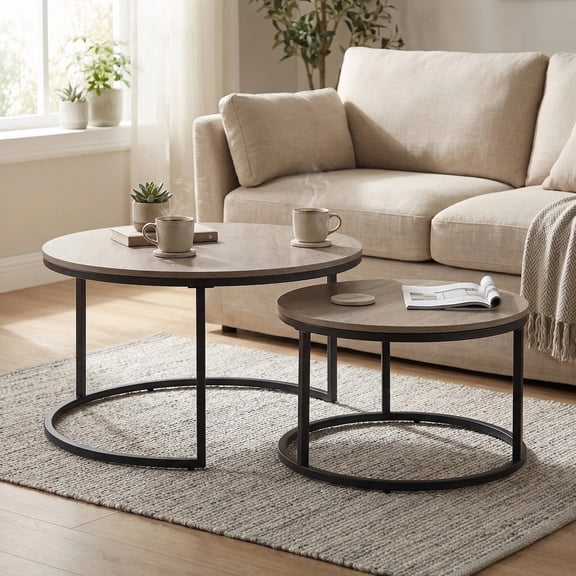 31.5" Round Nesting Coffee Table, Set of 2, Grey Oak/French Wood Top, Space-saving