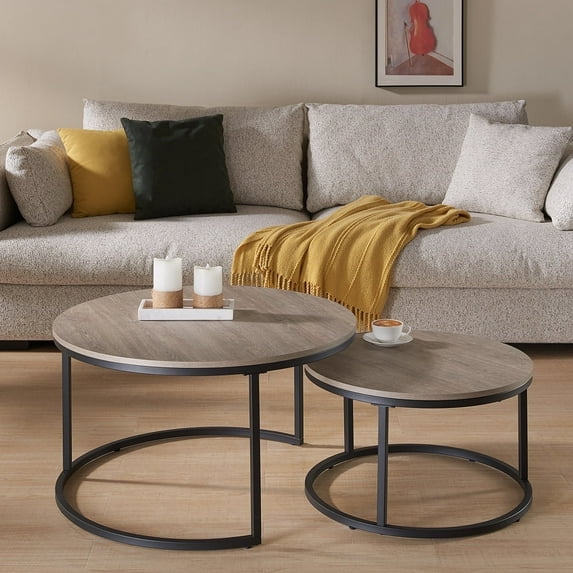 31.5" Round Nesting Coffee Table, Set of 2, Grey Oak/French Wood Top, Space-saving