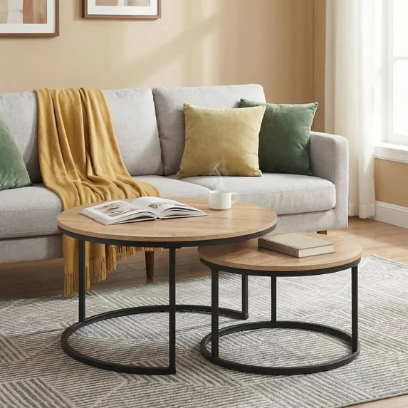 Villachico 31.5" Natural Oak Round Nesting Coffee Table, Set of 2, Wood Tabletop and Metal Frame
