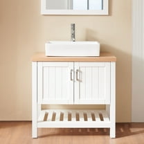 Villachico 32" Bathroom Vanity with Ceramics Sink,Single Bathroom Vanities Cabinet with Doors and Open Shelf,Solid Wood Small Vanity with Sink Set,for Bathroom,White Natural