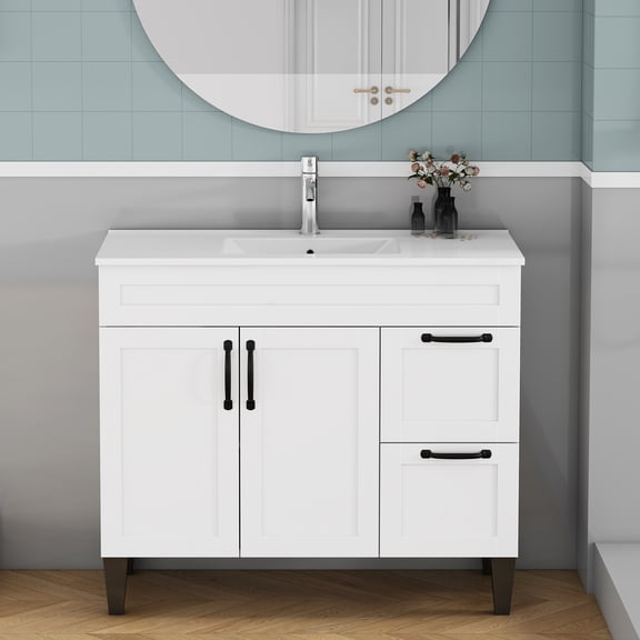 Villachico 40" Freestanding Bathroom Vanity with Sink, White Shaker Cabinet with Black Hardware, Mid-Century Modern Tapered Legs, 2 Doors & Side Drawer Storage, Integrated Ceramic Top