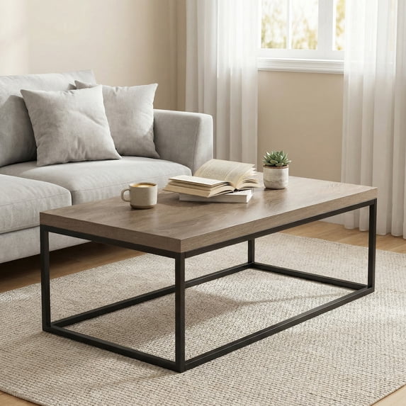 Villachico 47" French Oak Coffee Table for Living Room, Metal Frame and Extra Thick 1.2" Wood Tabletop, Max. Loading 200 lbs.(Grey Wash)