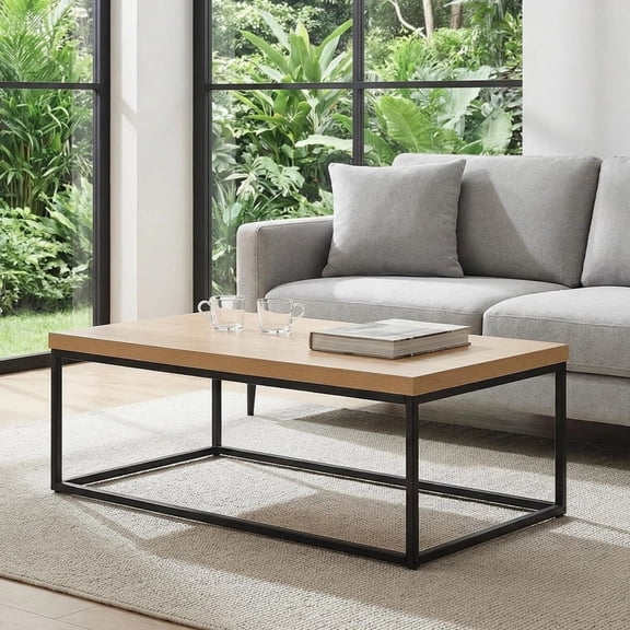 Villachico 47-Inch Natural Wood Coffee Table for Living Room, Modern Industrial Rectangular Wood and Metal Center Table with Extra Thick Tabletop (White Oak)