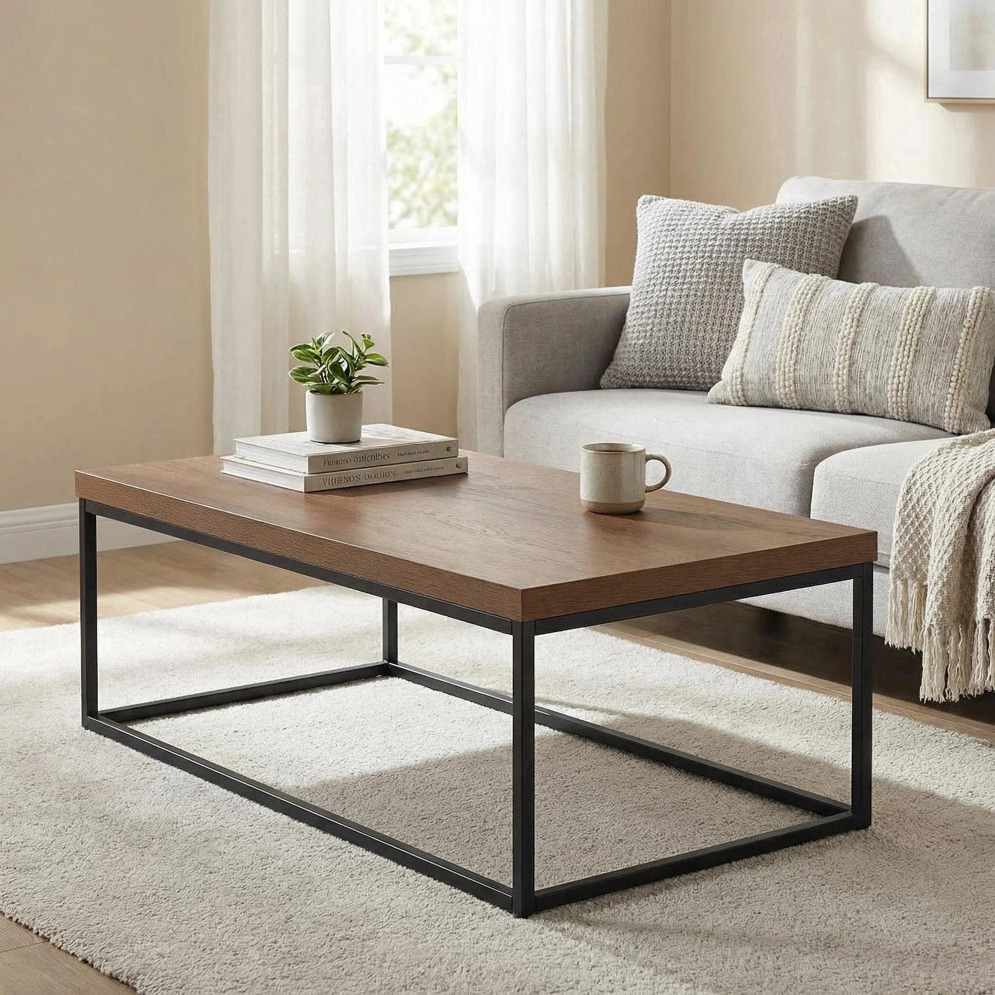Villachico 47" Walnut Coffee Table for Living Room, Metal Frame and Extra Thick 1.2" Wood Tabletop, Max. Loading 200 lbs.(Dark Wood)
