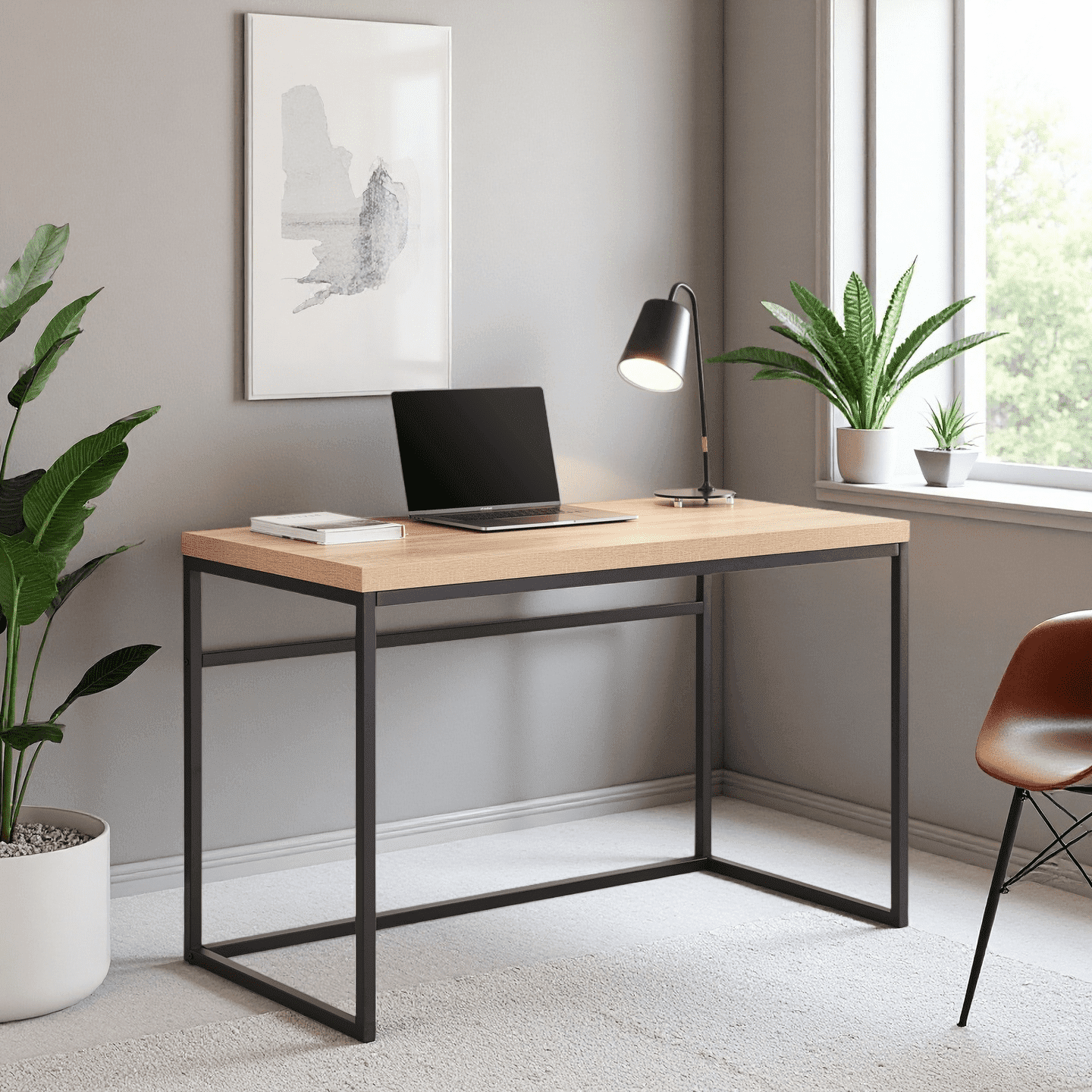 FOLUBAN 47" Modern Office Desk - Rustic Oak & Metal Computer Table For Home Office, Gaming & Study