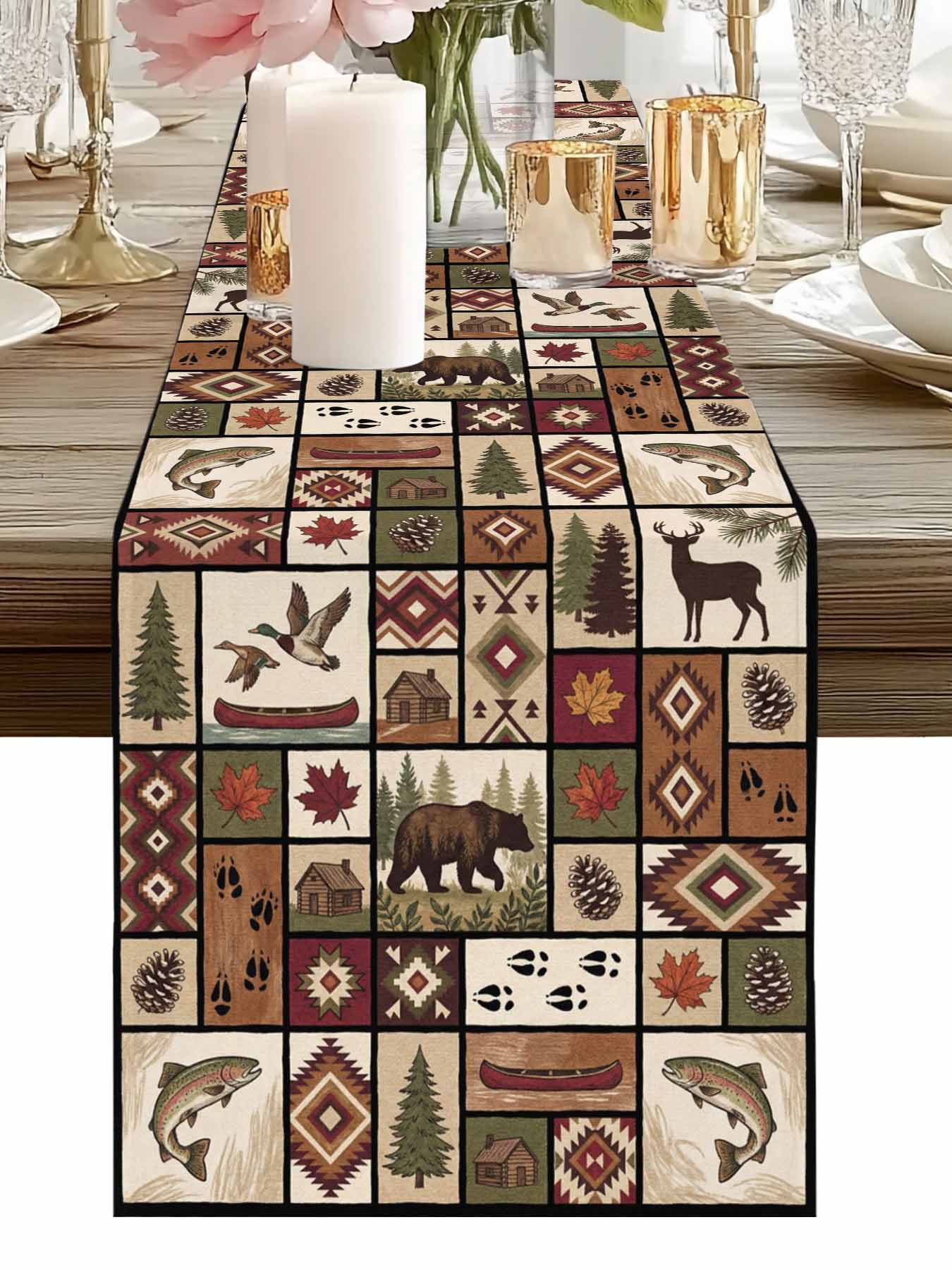 Village Bear Deer Maple Leaf Fish Table Runner-36 Inch Long Retro ...