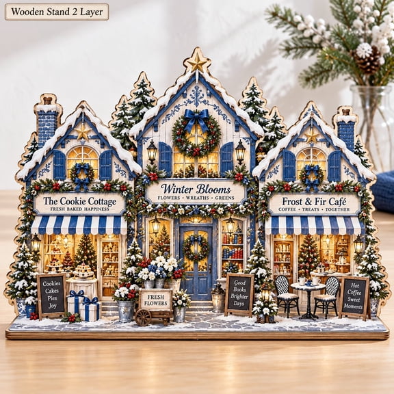 Village Block, Blue and White Delft Holiday Shops, Wooden Shelf Decor for Christmas