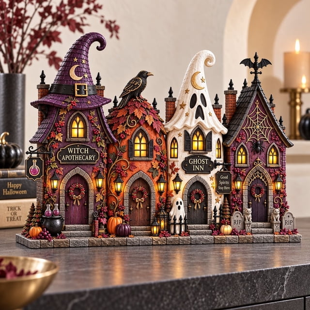 Village Block Spooky Haunted House Wooden Shelf Decor for Halloween ...