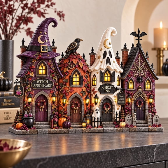 Village Block Spooky Haunted House Wooden Shelf Decor for Halloween