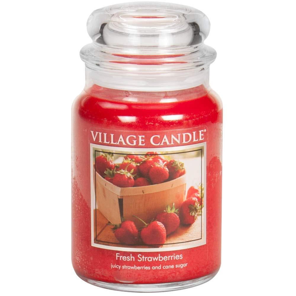 Village Candle Fresh Strawberries Large Glass Apothecary Jar Scented Candle, 21.25 oz, Red