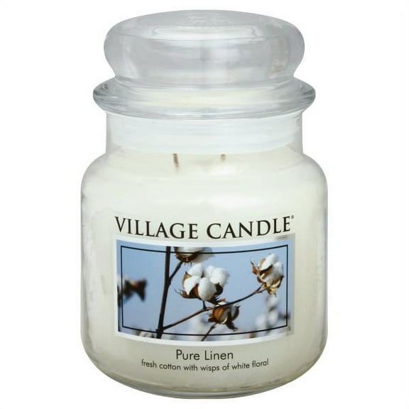 Village Candle Pure Linen, Medium Glass Apothecary Jar Scented Candle, 13.75 Ounces, White