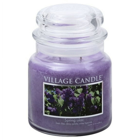 Village Candle Spring Lilac, Medium Glass Apothecary Jar Scented Candle, 13.75 Ounces, Purple