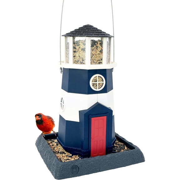 Village Collection - Large Nautical Navy Lighthouse Bird Feeder: Hanging Bird Feeder for Outdoors, Holds 8 Pounds of Seed