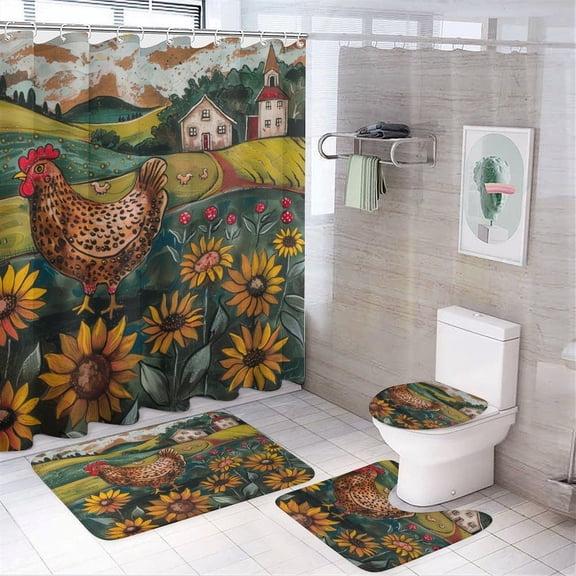 Village Farm Chicken And Sunflowers Shower Curtain 4 Piece Set Bathroom Shower Curtain Set with Rugs Spring Summer Rooster Sunflower Waterproof Durable Bathroom Decor Shower for Bathroom Decor