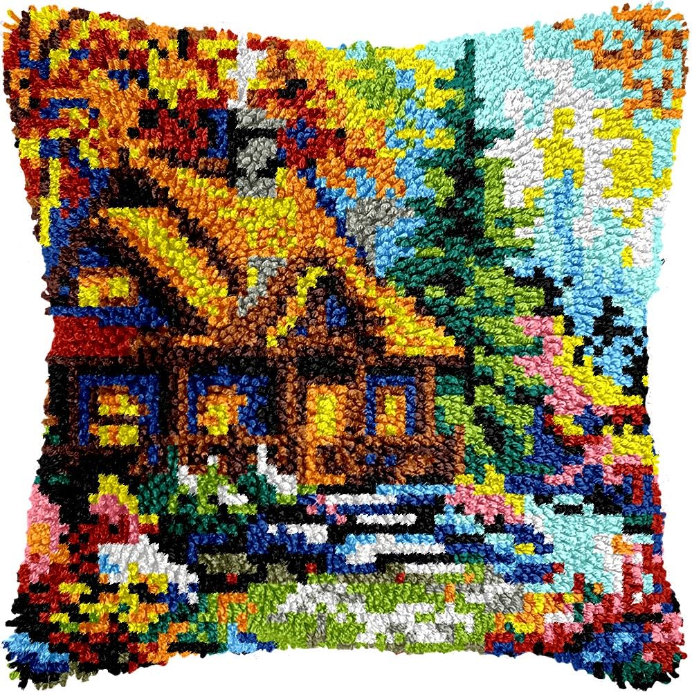 Village Garden House Latch Hook Pillow Kits for DIY Handmade Throw Pillow Cushion Embroidery Latch Hooking Pillowcase Kits with Preprinted Canvas Crochet Yarn Kits 17''X 17''(g148)