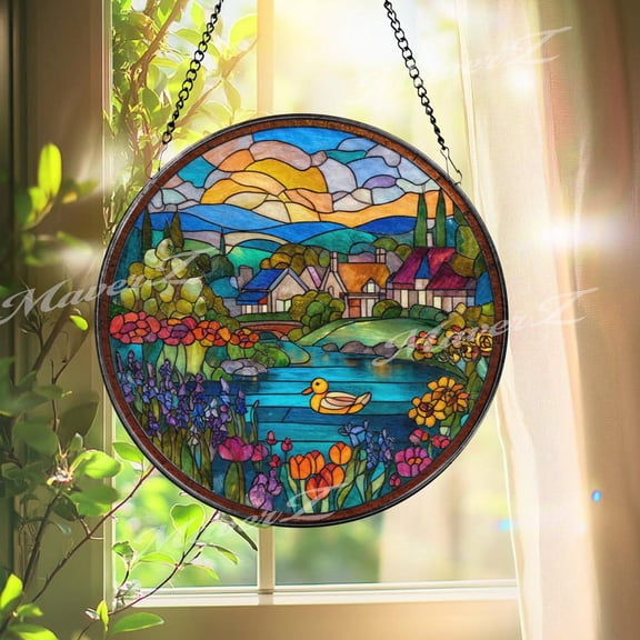 Village Glass Suncatcher, Round Cottage Window Panel With Lake, Duck And Flowers, Colorful Countryside Home Decor Gift, Suncatcher Window Hanging, 3.5 in