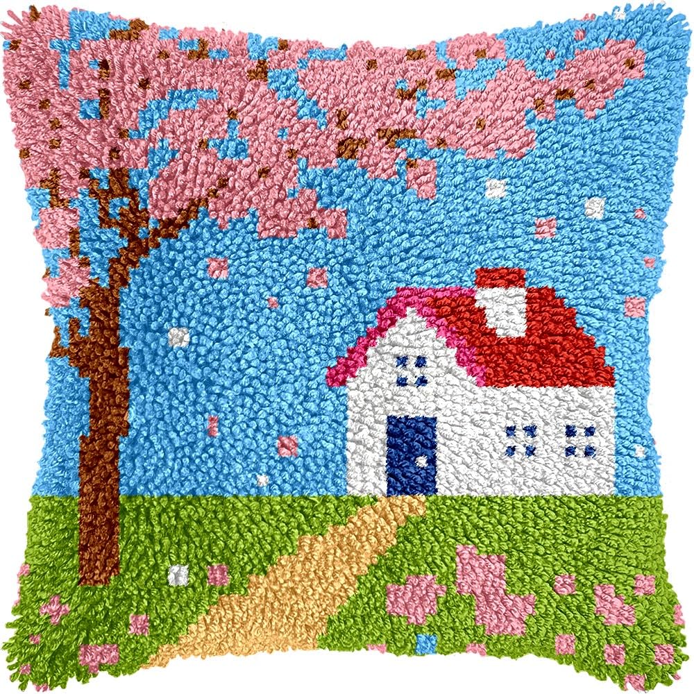 Village House Latch Hook Pillow Cover Kits for DIY Handmade Throw Pillow Cross Stitch Latch Hooking Pillowcase Kits with Preprinted Color Pattern Canvas Crochet Yarn Kits 17''X 17''(7-18)