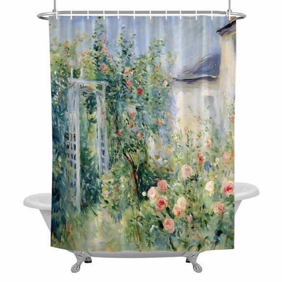 Village House Shower Curtain, Farmhouse Climbing Roses Flower Arch Waterproof Fabric Bathroom Shower Curtains Set with Hooks, 72 X 72 Inch Long