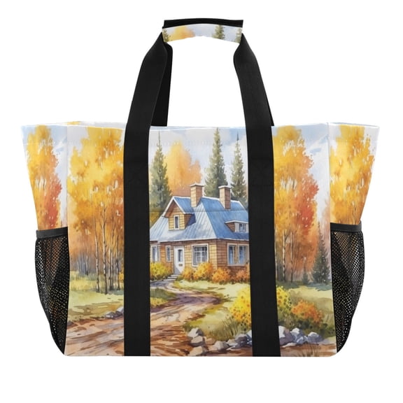 Village House in Forest Reusable Grocery Bags with Handle Side Pocket Waterproof Shopping Portable Tote