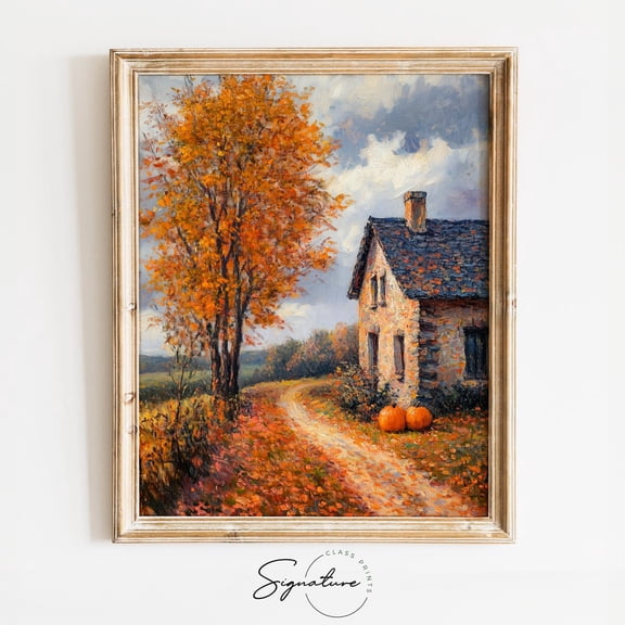Village House on Fall Road Poster – Rustic Autumn Scene, Cozy Cottage Fall Decor, Earthy Countryside Wall Art, 1389 Unframed Paper Print