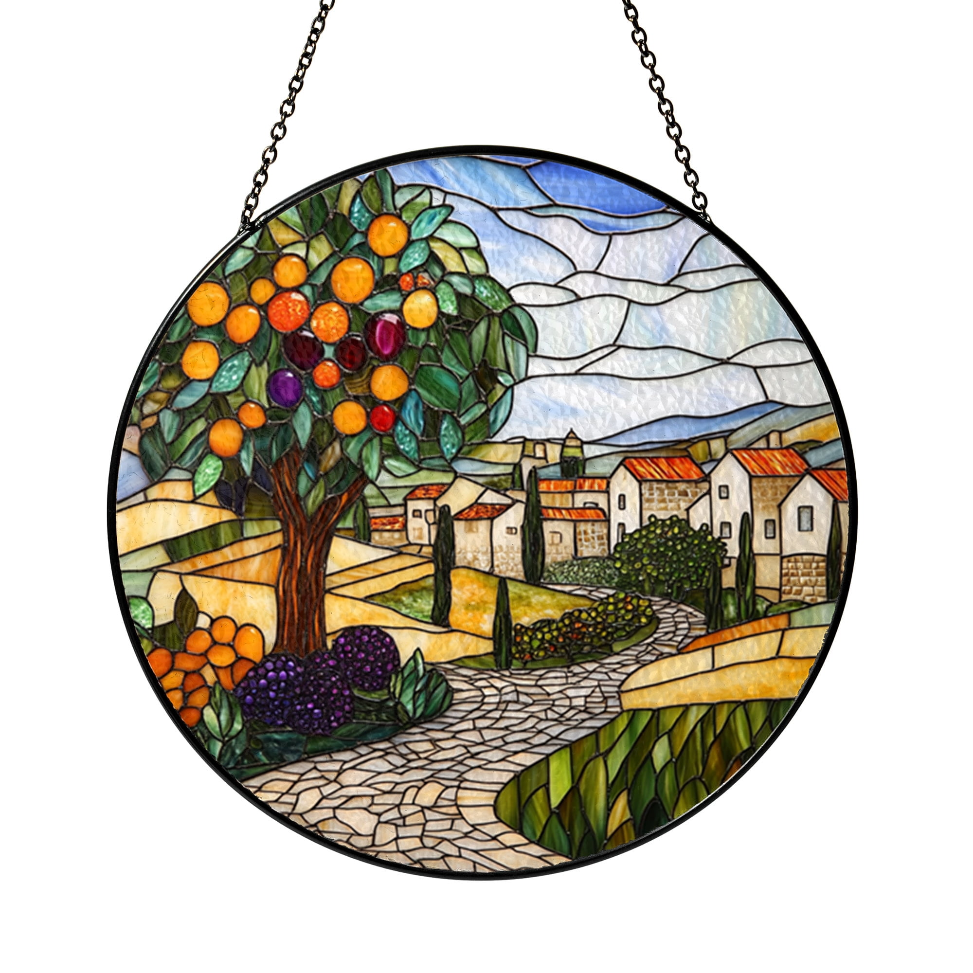 Village Landscape Window Panel, Faux Stained Glass Fruit Tree Design for Country Inspired Decor