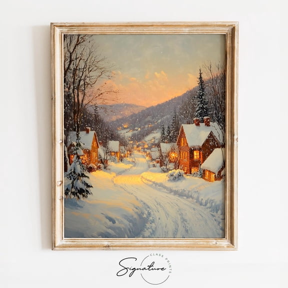Village Lane With Glowing Windows And Snowfall, Peaceful Scene, Winter Countryside Wall Art, Winter UNFRAMED Poster, Wall Art for Decor, Present, 16x24