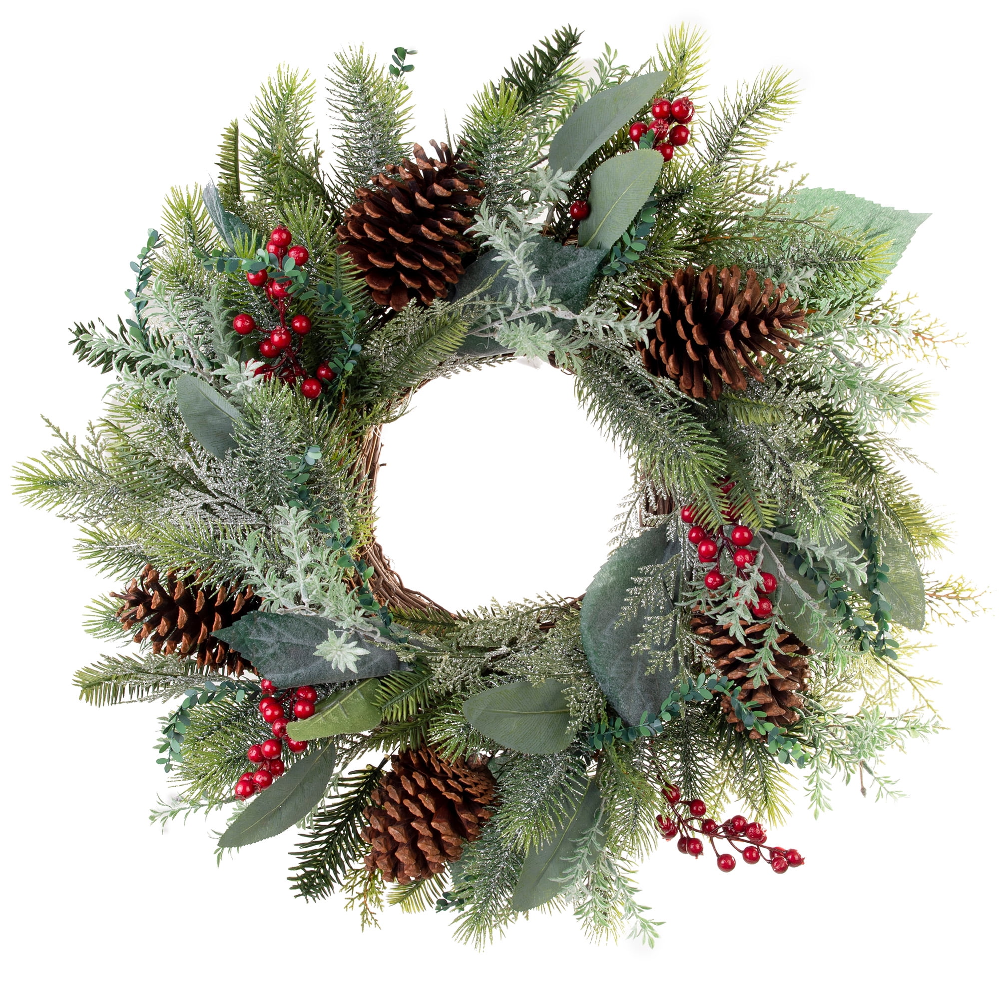 30" Green and Red Pine Cone Artificial Christmas Wreath with LED Lights